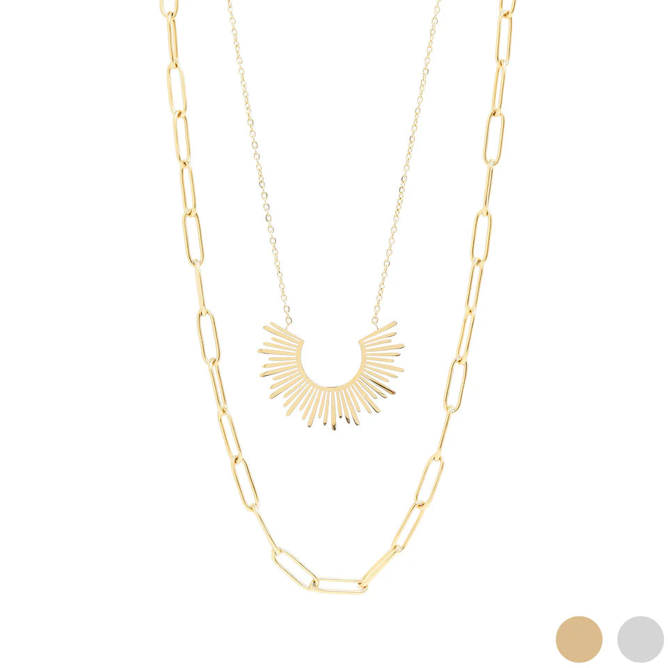 Layered Sunburst Paperclip & Loop Chain Charm Necklace